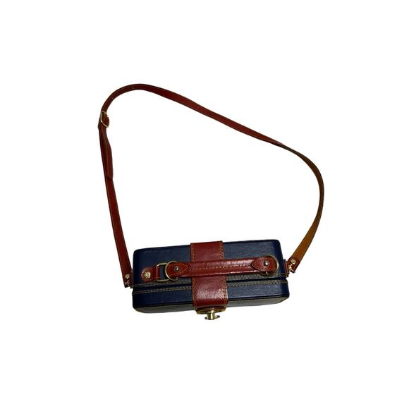 Vintage Henry Genuine Leather Trinket Box Shoulder Bag / Purse - Navy Blue Brown - Picture 6 of 10